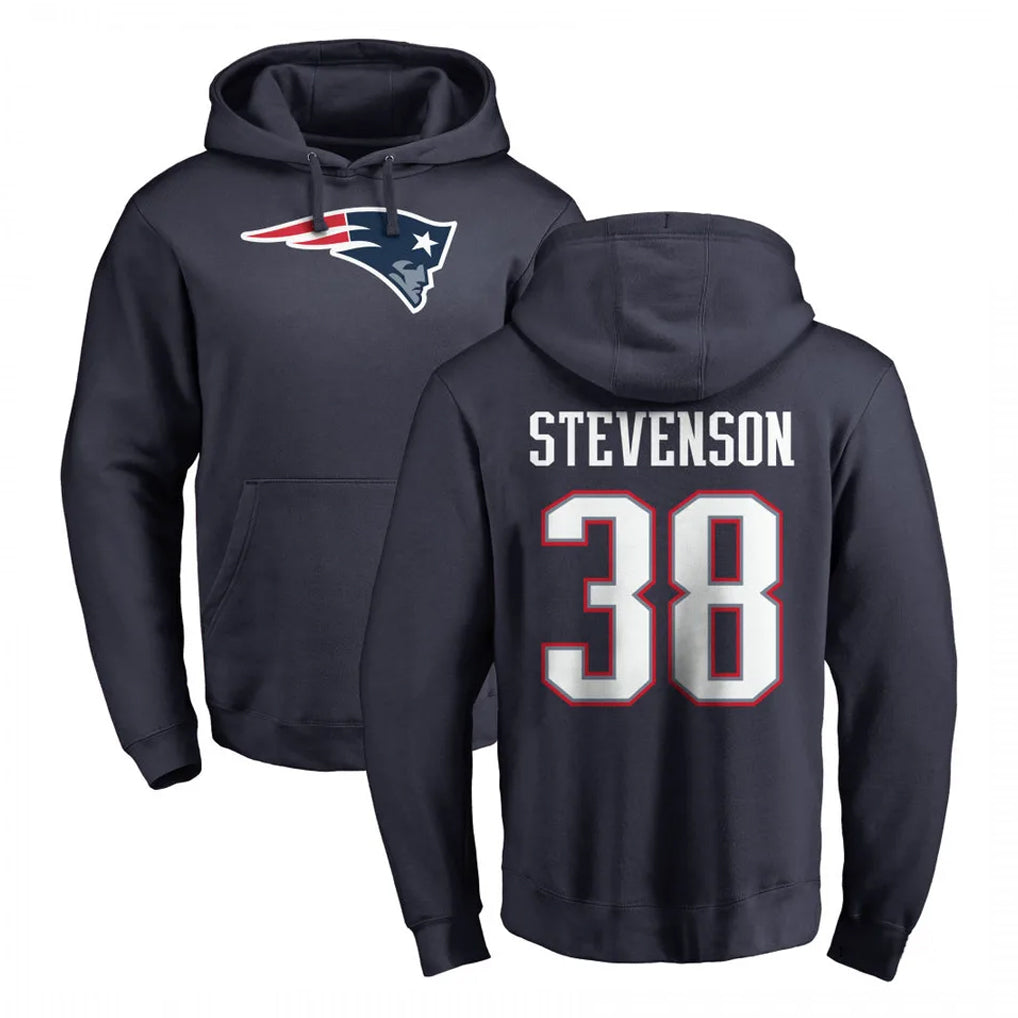 Rebec NE.Patriots #38 Rhamondre Stevenson Player Navy LOGO Pullover Hoodies Home Game Stitched Jerseys