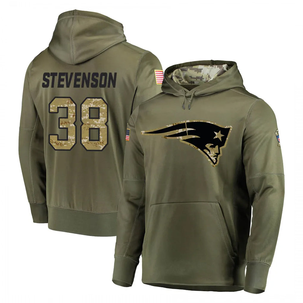 Rebec NE.Patriots #38 Rhamondre Stevenson Player Olive Salute to Service Pullover Hoodies Home Game Stitched Jerseys
