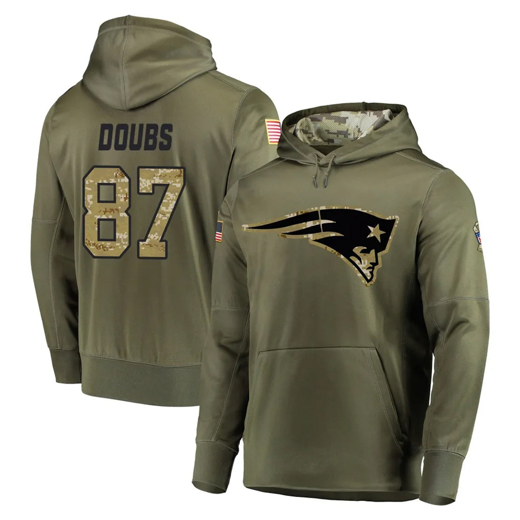 Rebec NE.Patriots #87 Romeo Doubs Player Olive Salute to Service Pullover Hoodies Home Game Stitched Jerseys