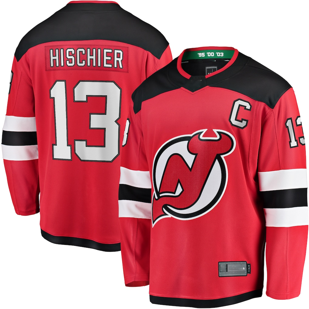 Rebec NJ.Devils #13 Nico Hischier Red Captain Patch Home Breakaway Jerseys