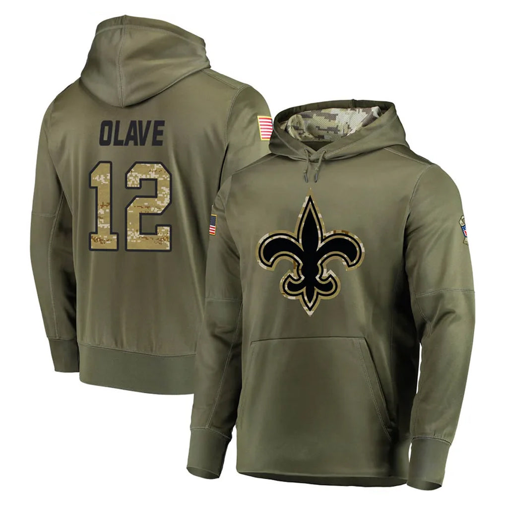 Rebec NO.Saints #12 Chris Olave Player Olive Salute to Service Pullover Hoodies Home Game Stitched Jerseys