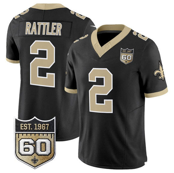 Rebec NO.Saints #2 Spencer Rattler Black 2026 F.U.S.E 60th Anniversary Patch Vapor Limited Football Stitched Jersey