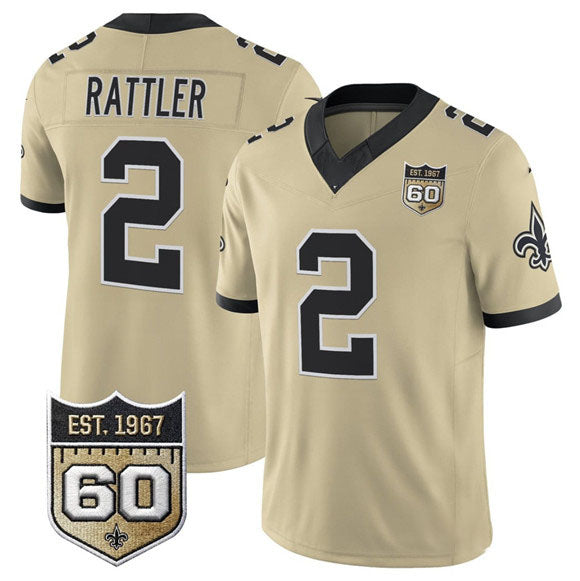 Rebec NO.Saints #2 Spencer Rattler Gold 2026 F.U.S.E 60th Anniversary Patch Vapor Limited Football Stitched Jersey