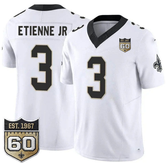 Rebec NO.Saints #3 Travis Etienne Jr White 2026 F.U.S.E 60th Anniversary Patch Vapor Limited Football Stitched Jersey