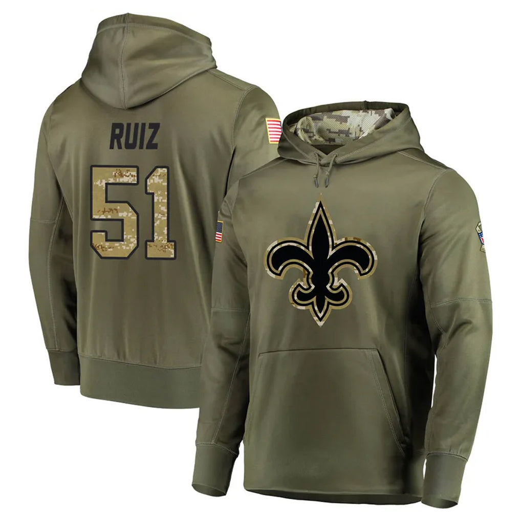 Rebec NO.Saints #51 Cesar Ruiz Player Olive Salute to Service Pullover Hoodies Home Game Stitched Jerseys