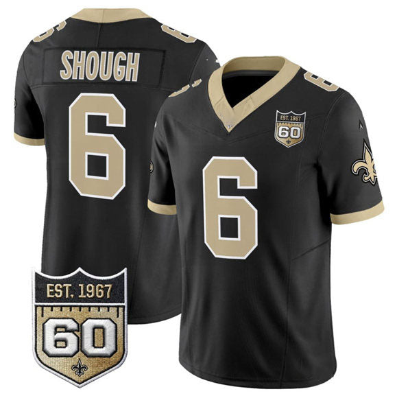 Rebec NO.Saints #6 Tyler Shough Black 2026 F.U.S.E 60th Anniversary Patch Vapor Limited Football Stitched Jersey