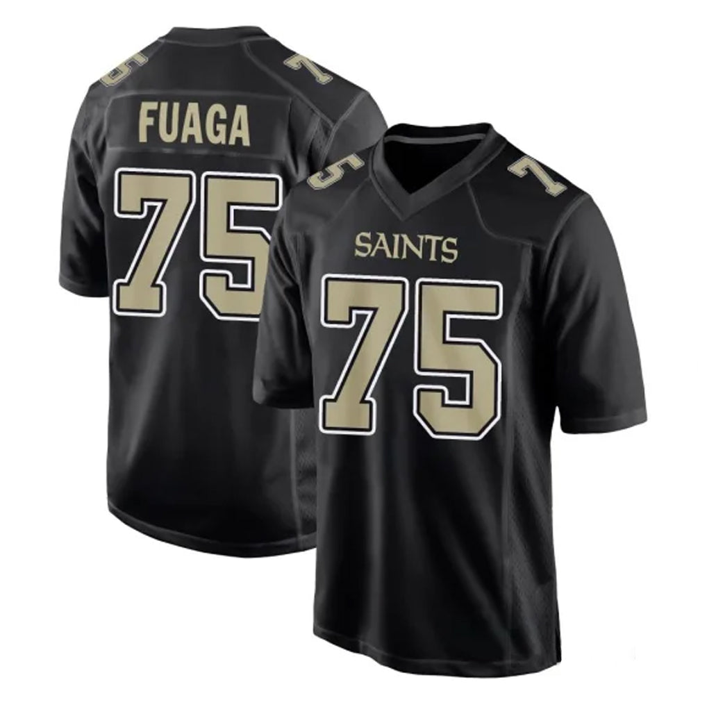 Rebec NO.Saints #75 Taliese Fuaga Player Black Carbon Fashion Home Game Stitched Jerseys