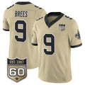 Rebec NO.Saints #9 Drew Brees Gold 2026 F.U.S.E 60th Anniversary Patch Vapor Limited Football Stitched Jersey
