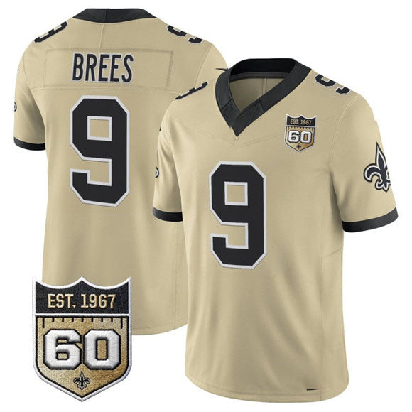 Rebec NO.Saints #9 Drew Brees Gold 2026 F.U.S.E 60th Anniversary Patch Vapor Limited Football Stitched Jersey
