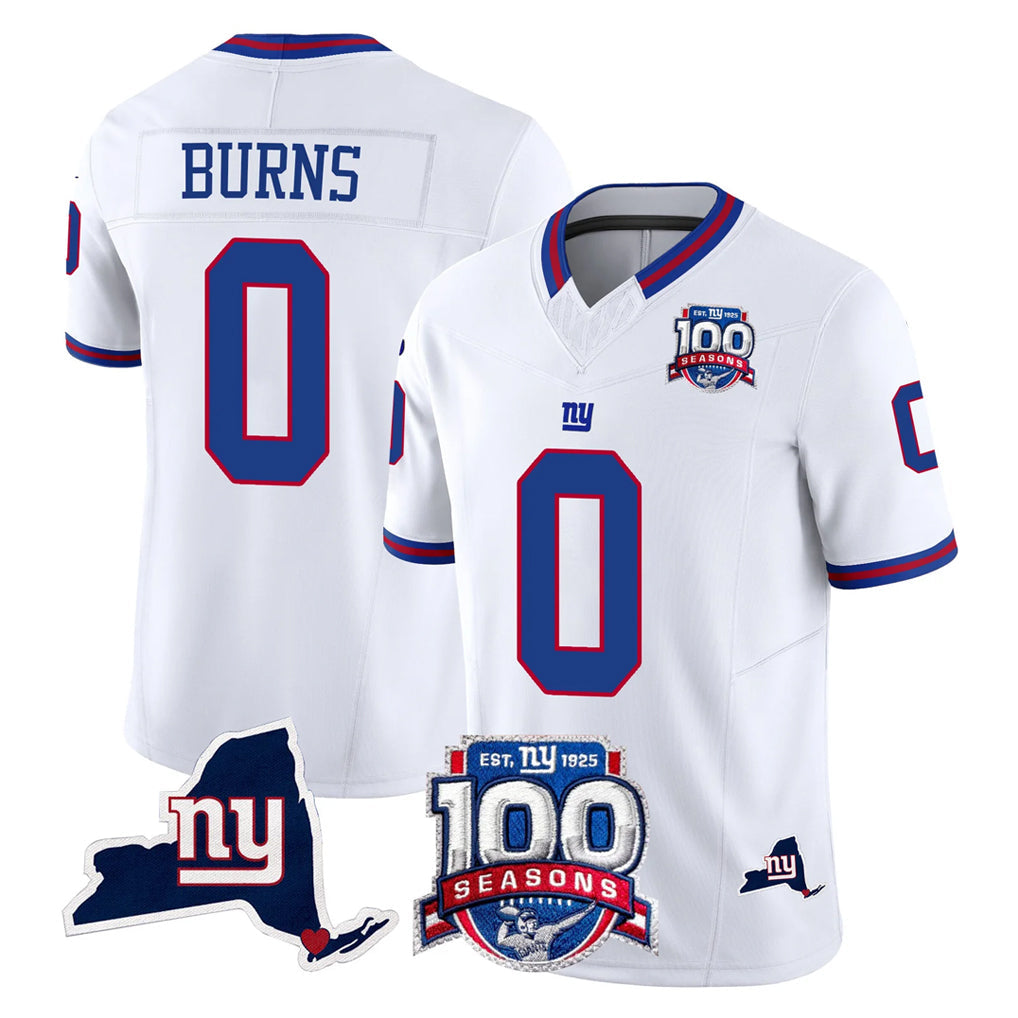 Rebec NY.Giants #0 Brian Burns Player White 100th Season & State Patch Vapor Limited Home Game Stitched Jerseys