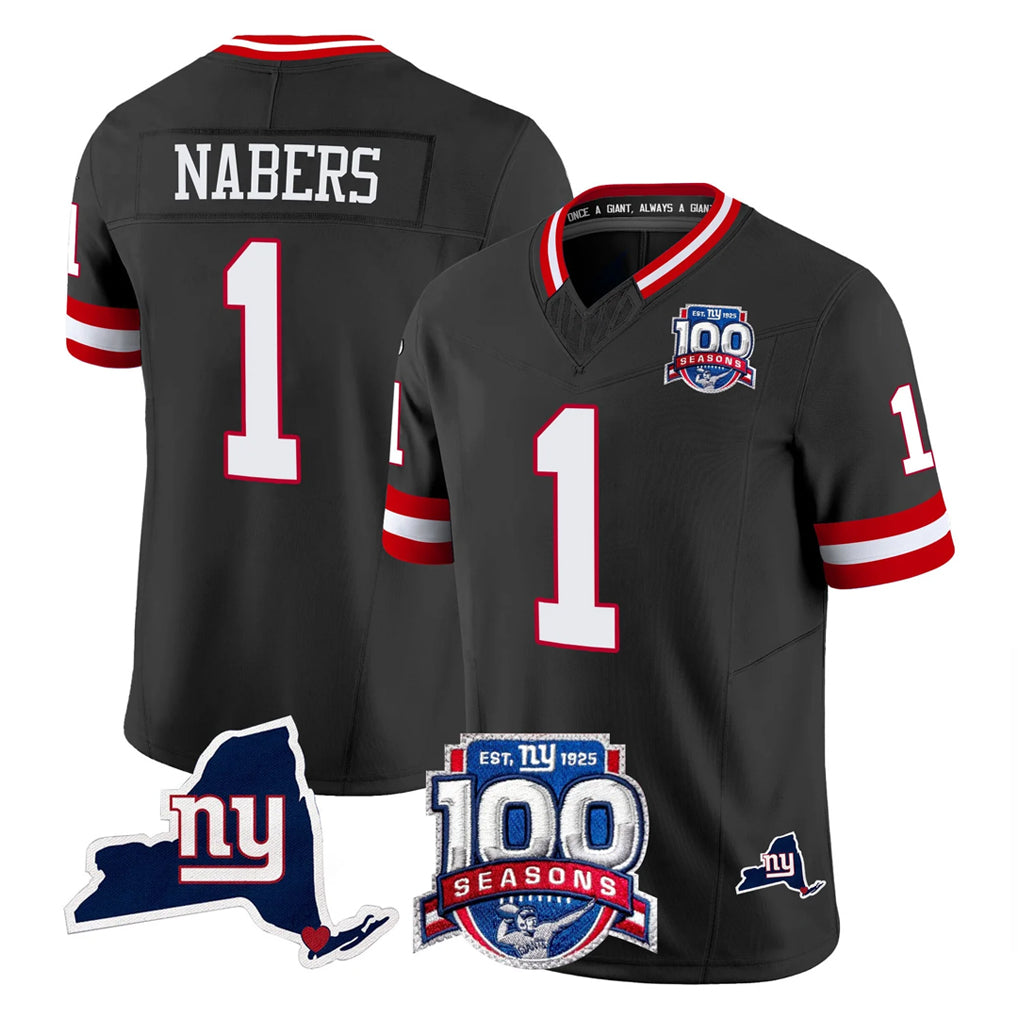 Rebec NY.Giants #1 Malik Nabers Player Black 100th Season & State Patch Vapor Limited Home Game Stitched Jerseys