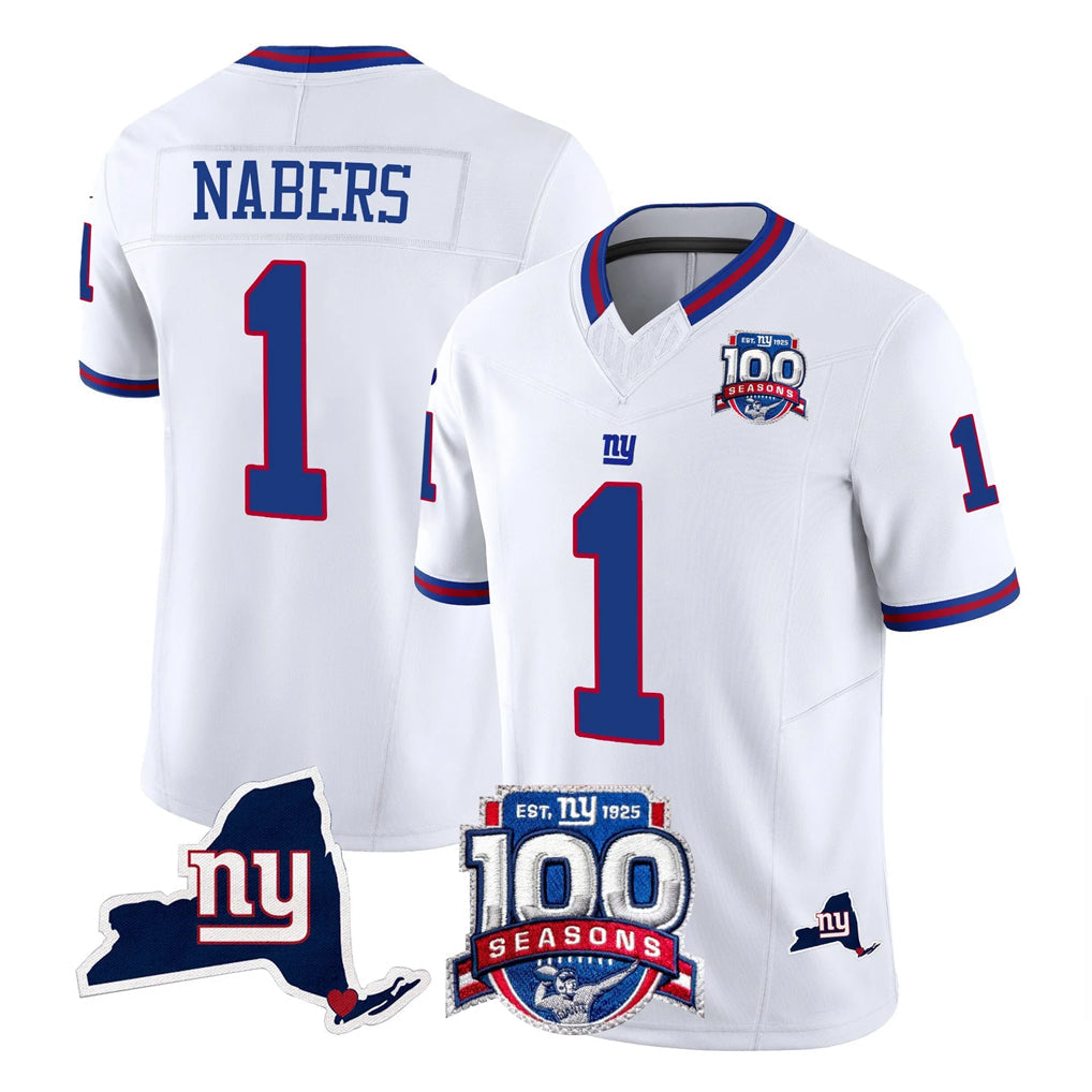 Rebec NY.Giants #1 Malik Nabers Player White 100th Season & State Patch Vapor Limited Home Game Stitched Jerseys