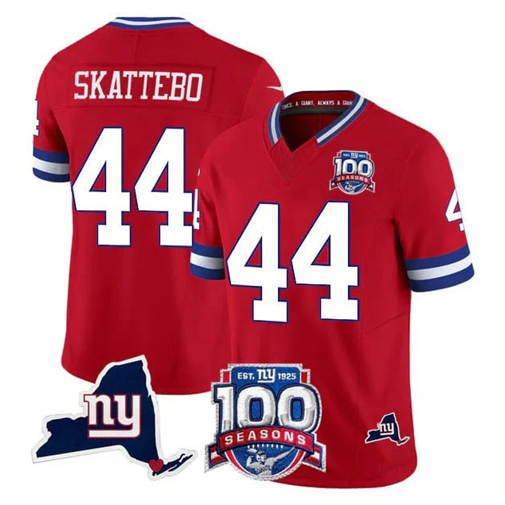 Rebec NY.Giants #44 Cam Skattebo Player Red 100th Season & State Patch Vapor Limited Home Game Stitched Jerseys
