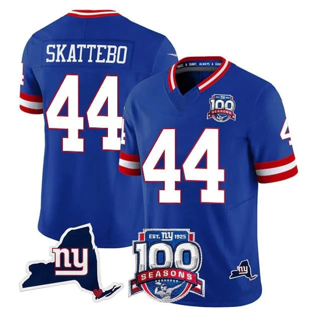 Rebec NY.Giants #44 Cam Skattebo Player Royal 100th Season & State Patch Vapor Limited Home Game Stitched Jerseys