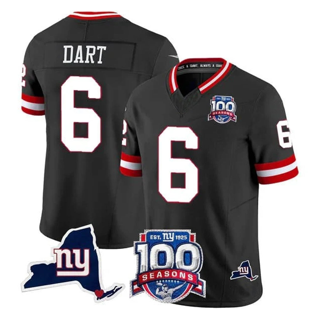 Rebec NY.Giants #6 Jaxson Dart Player Black 100th Season & State Patch Vapor Limited Home Game Stitched Jerseys