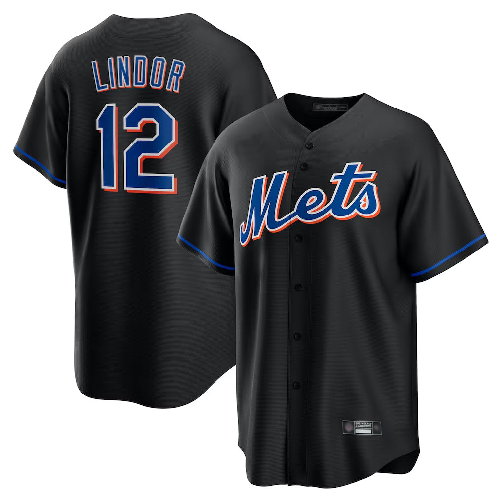 Rebec NY.Mets #12 Francisco Lindor Player Black Replica Home Game Stitched Jerseys