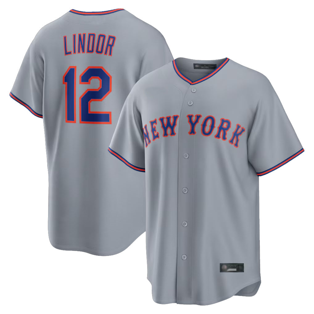 Rebec NY.Mets #12 Francisco Lindor Player Gray Road Home Game Stitched Jerseys