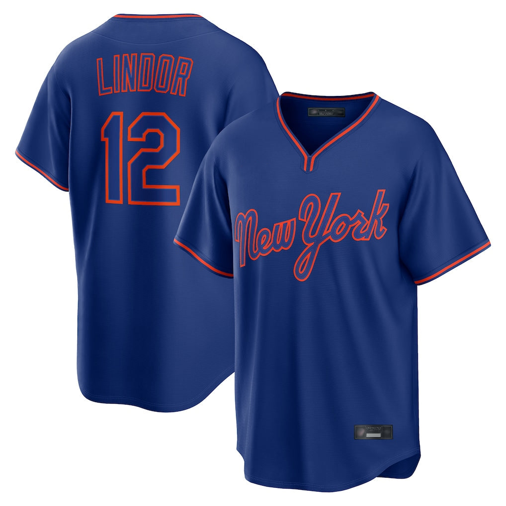 Rebec NY.Mets #12 Francisco Lindor Player Royal T-shirt Home Game Stitched Jerseys