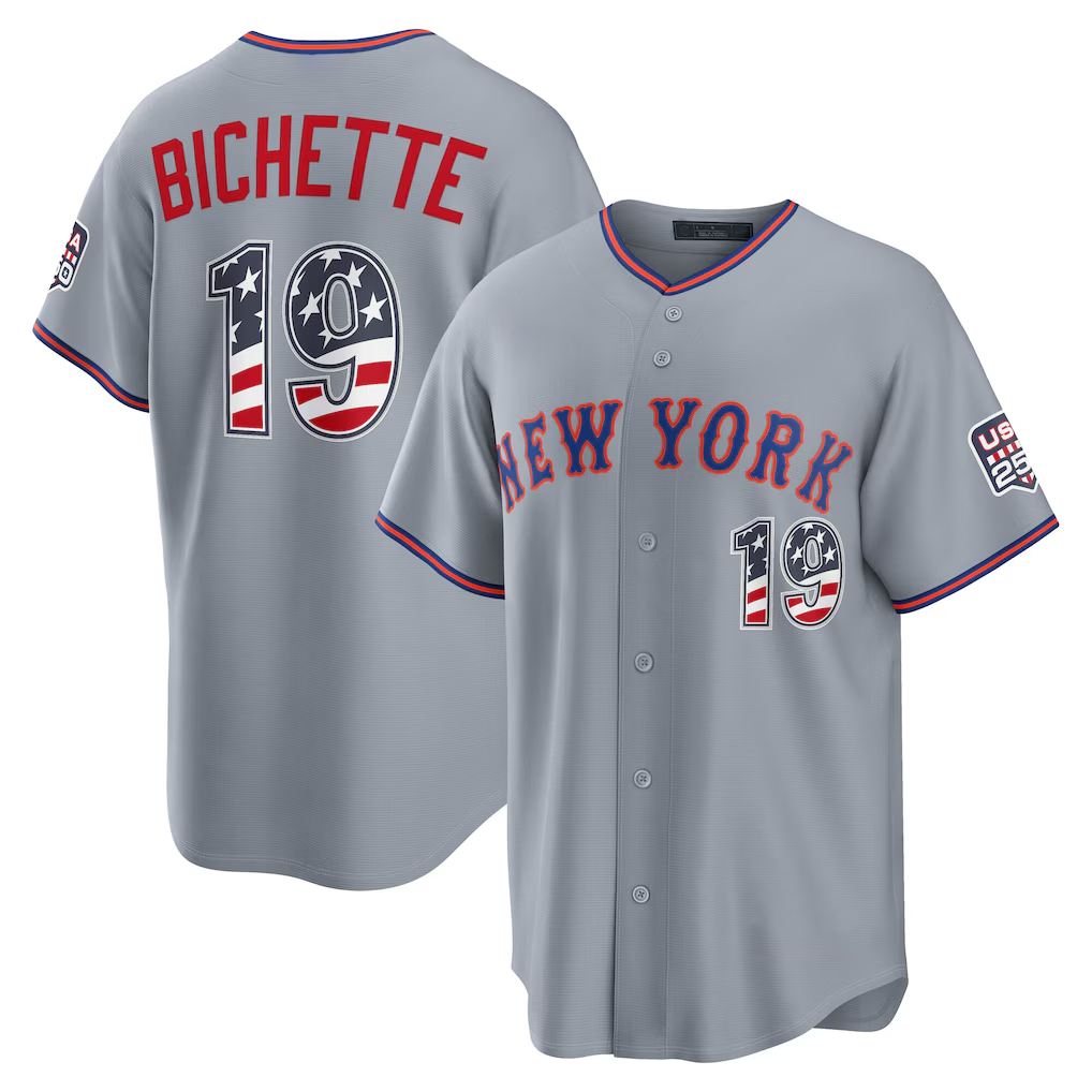 Rebec NY.Mets #19 Bo Bichette Gray USA 250 Fourth of July Road Stadium Jersey