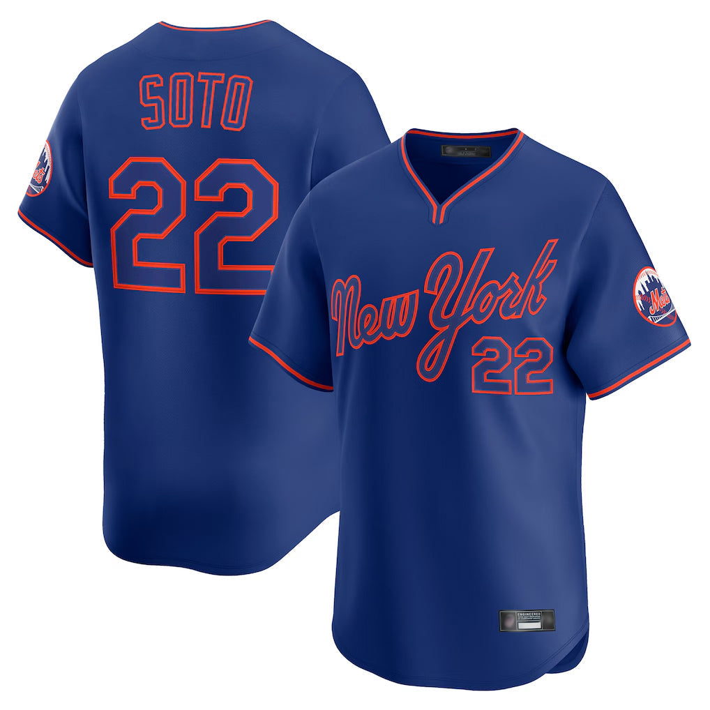Rebec NY.Mets #22 Juan Soto Player Royal T-shirt Home Limited Elite Stitched Jerseys