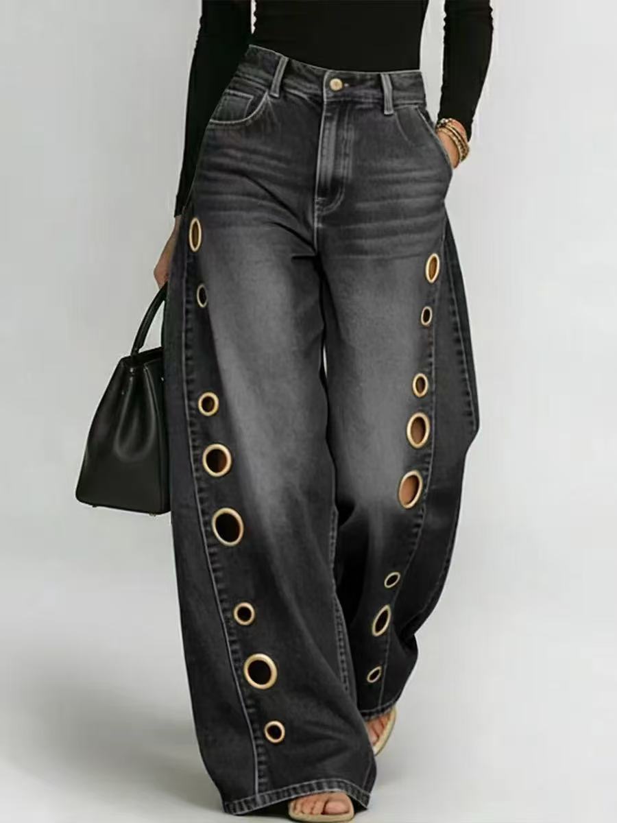 2026 spring and summer new arrival metal opposite sex eyelet jeans