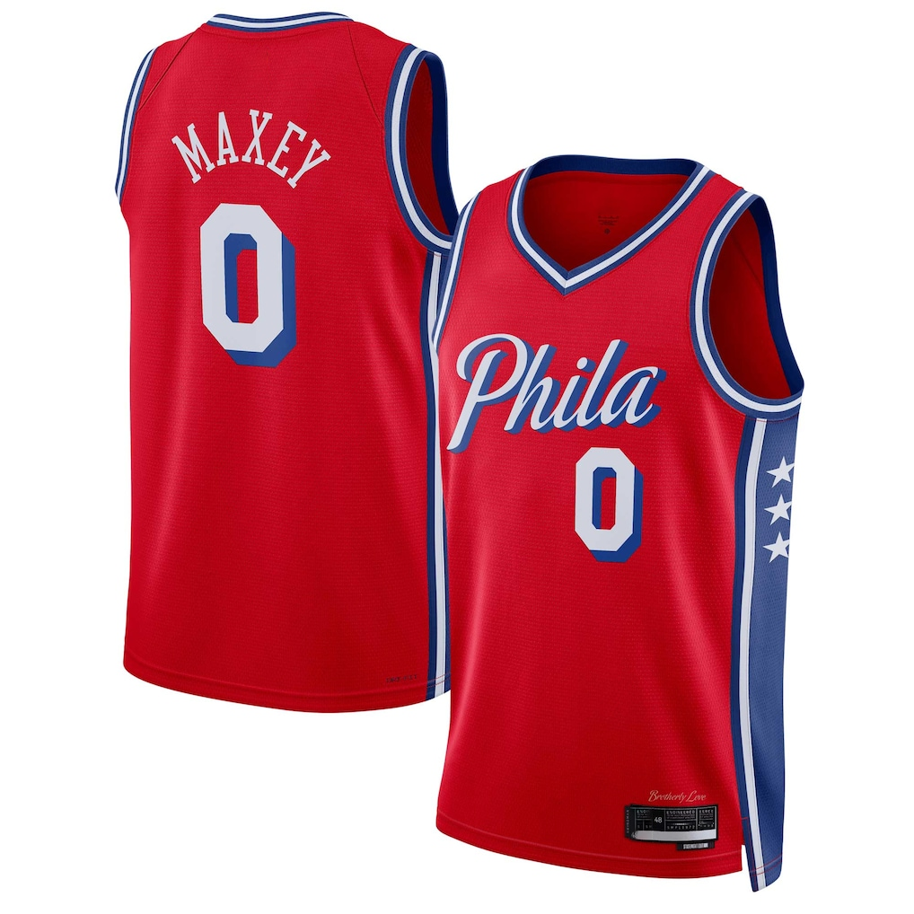 Rebec P.76ers #0 Tyrese Maxey  Red Swingman Jerseys - Statement Edition