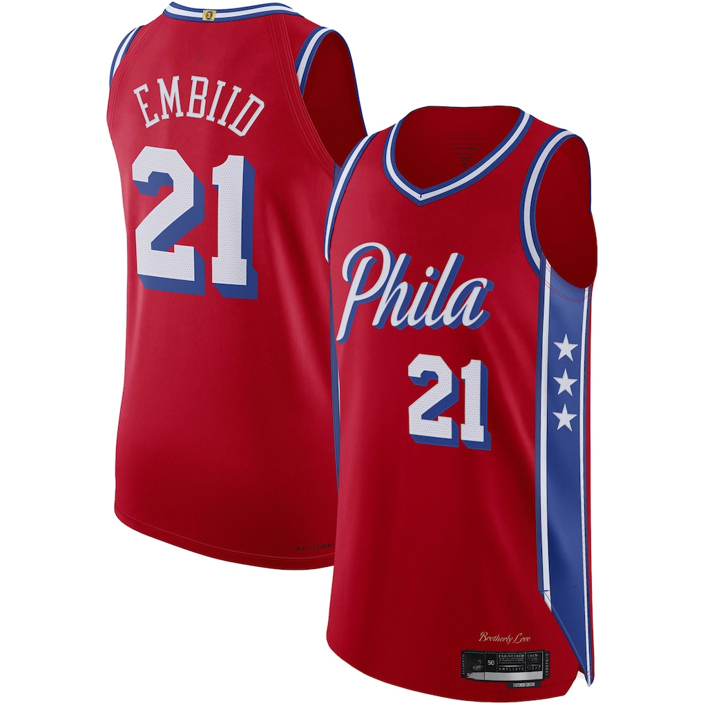 Rebec P.76ers #21 Joel Embiid Jordan Brand Red Authentic Player Jerseys - Statement Edition