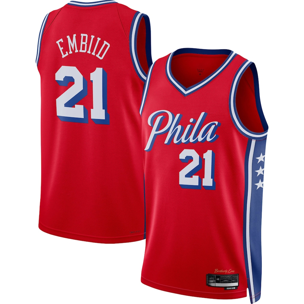 Rebec P.76ers #21 Joel Embiid Jordan Brand Red Swingman Jerseys - Statement Edition