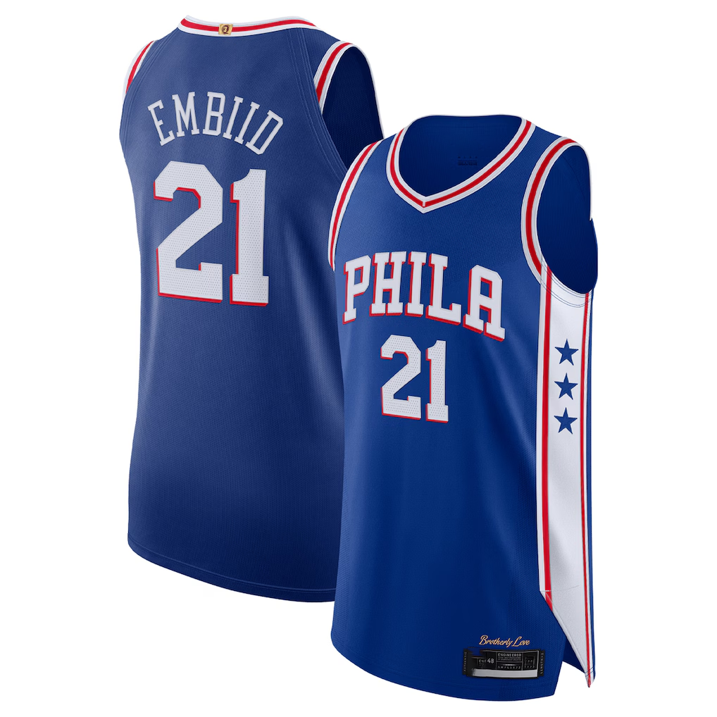 Rebec P.76ers #21 Joel Embiid Royal Authentic Jerseys - Icon Edition