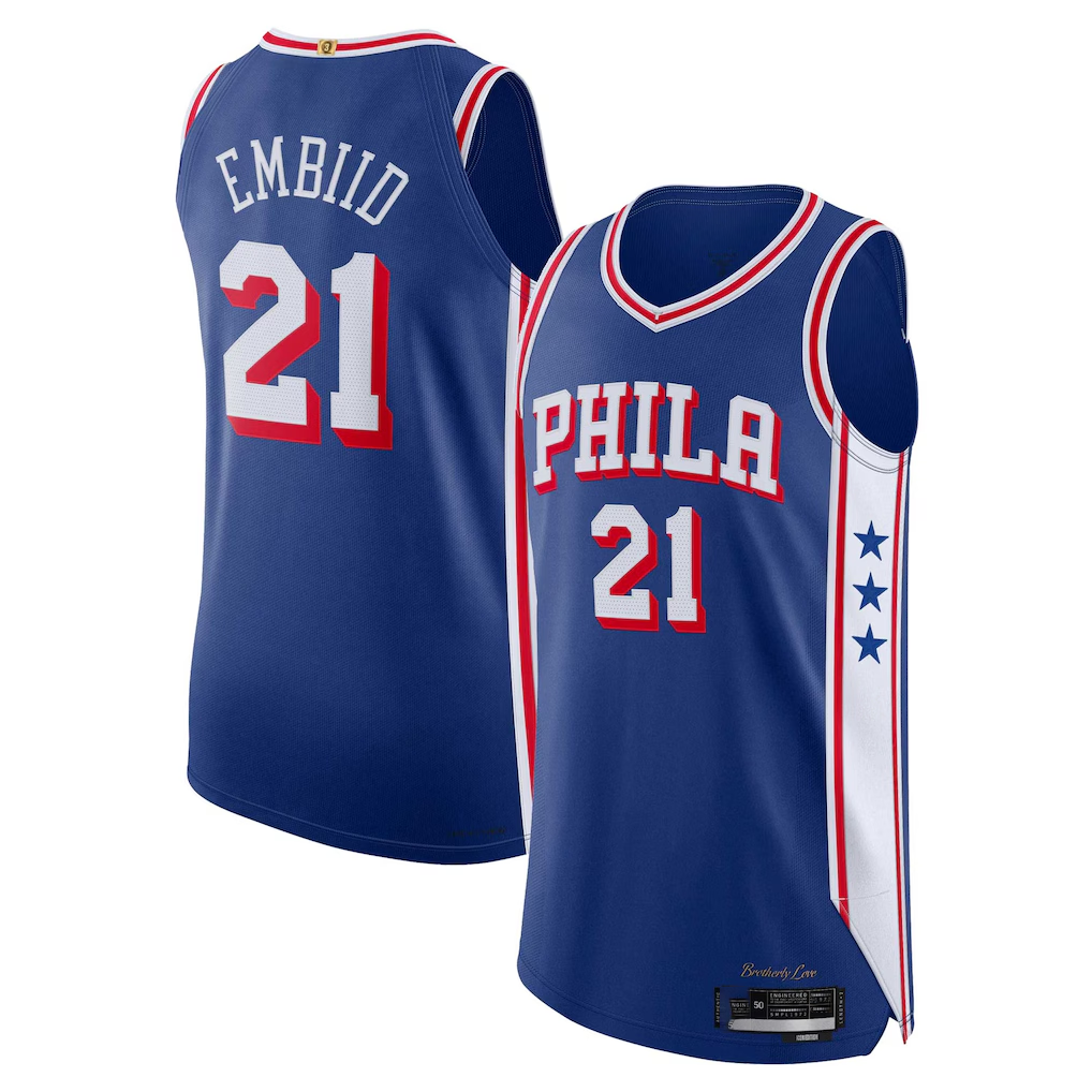 Rebec P.76ers #21 Joel Embiid Royal Authentic Jerseys - Icon Edition