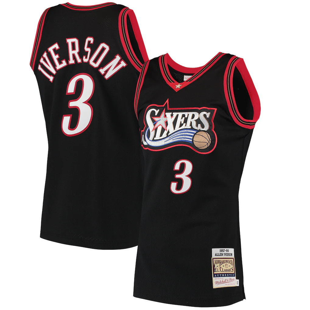 Rebec P.76ers #3 Allen Iverson Mitchell & Ness Black 199798 Hardwood Classics Authentic Jerseys