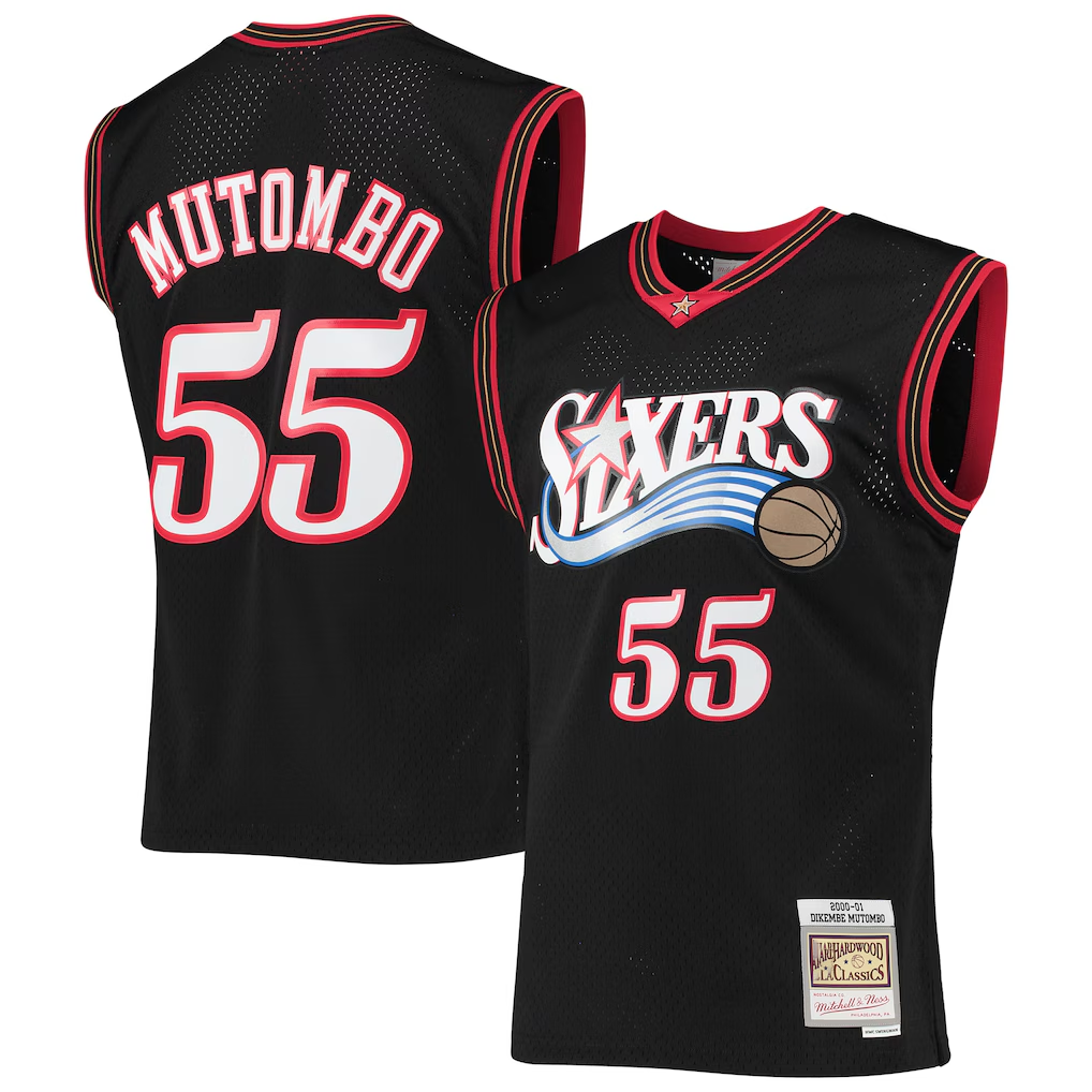 Rebec P.76ers #55 Dikembe Mutombo Mitchell & Ness Black Hardwood Classics Swingman Jerseys
