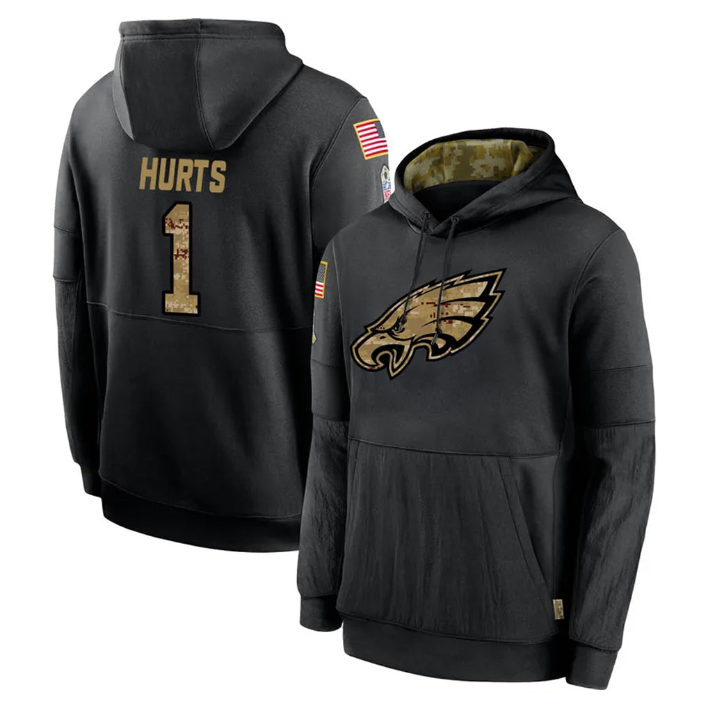 Rebec P.Eagles #1 Jalen Hurts Player Black Salute to Service Hoodies Limited Game Stitched Jerseys