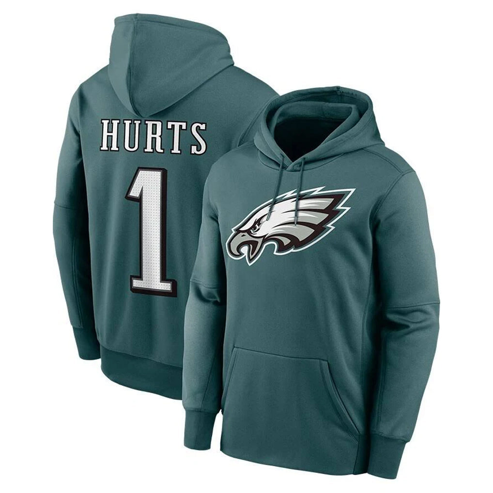 Rebec P.Eagles #1 Jalen Hurts Player Midnight Green Performance Pullover Hoodies Home Game Stitched Jerseys
