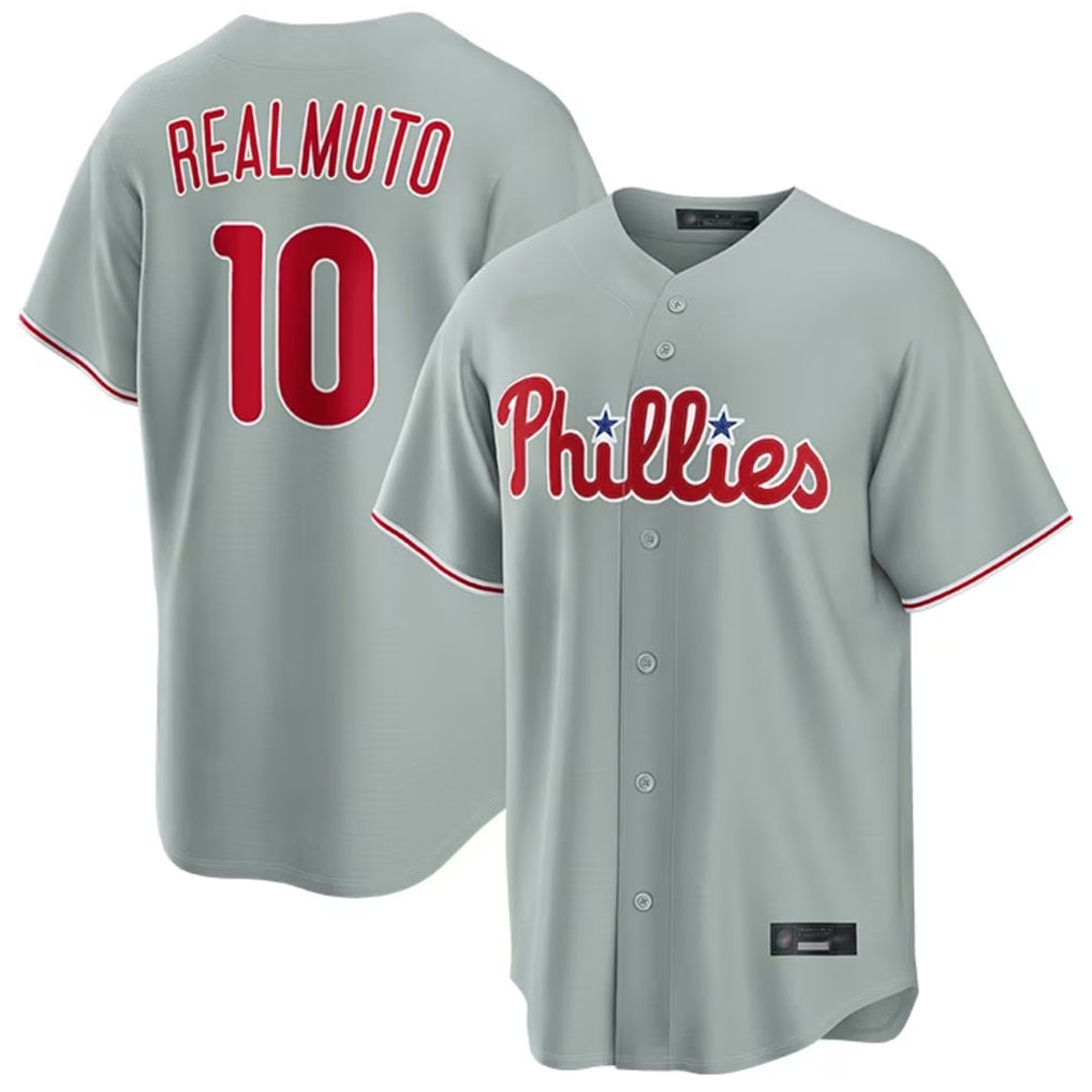 Rebec P.Phillies #10 J.T. Realmuto Player Gray Home Game Stitched Jerseys