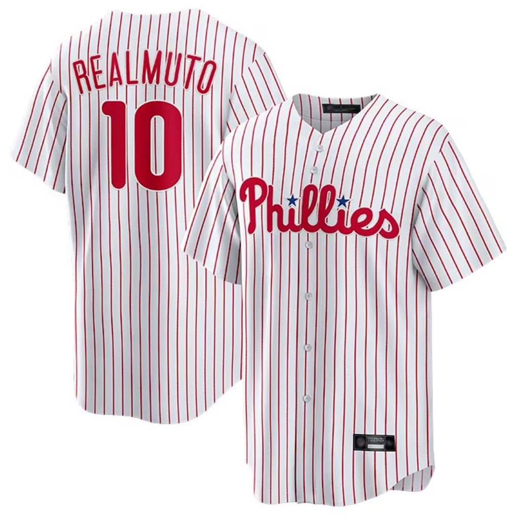 Rebec P.Phillies #10 J.T. Realmuto Player White Home Game Stitched Jerseys