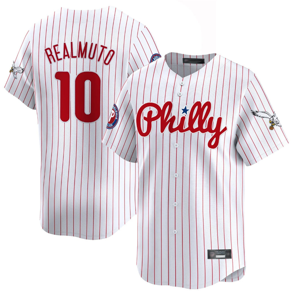 Rebec P.Phillies #10 J.T. Realmuto Player White Pinstripe Phillies & Eagles Vapor Premier Limited Stitched Jerseys