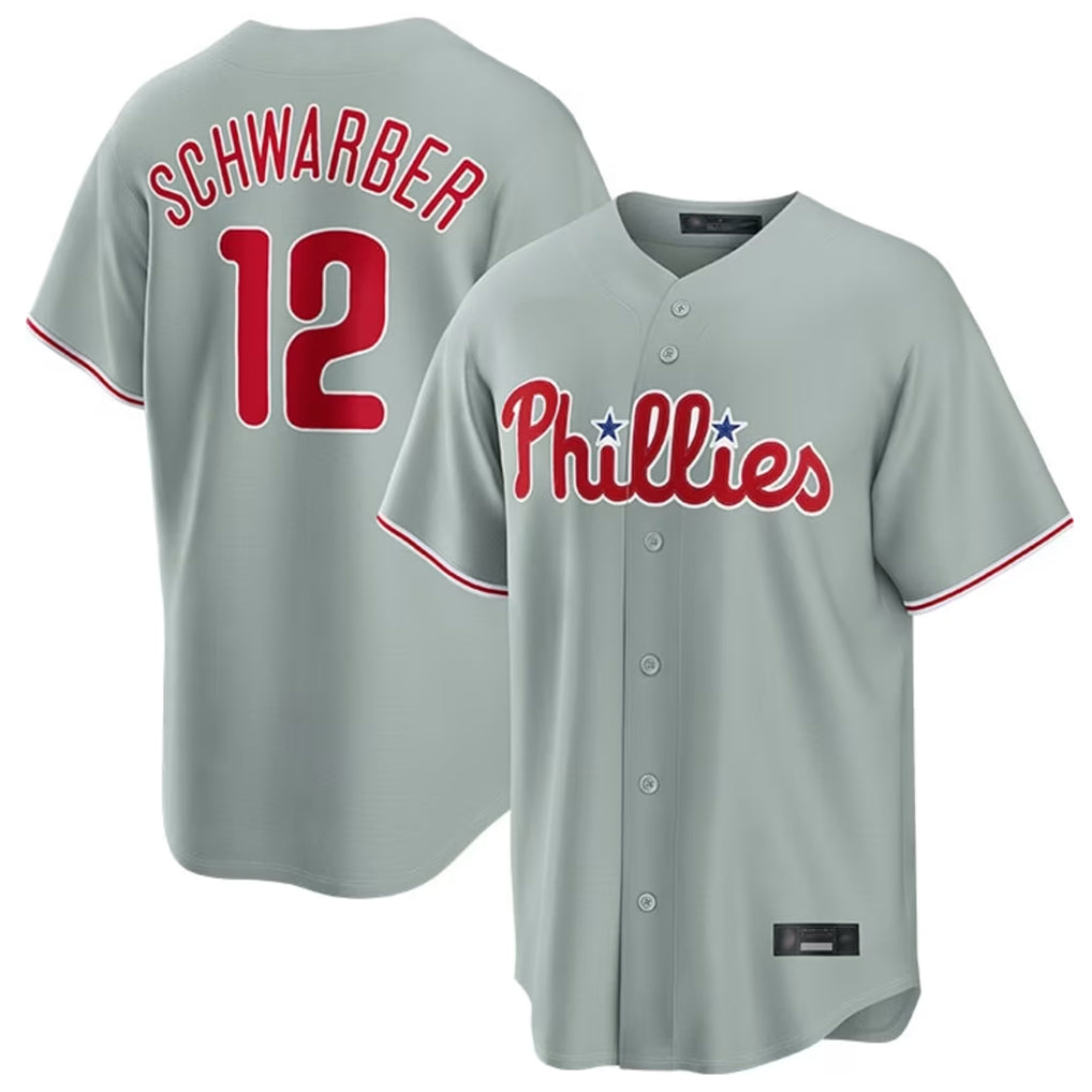 Rebec P.Phillies #12 Kyle Schwarber Player Gray Home Game Stitched Jerseys