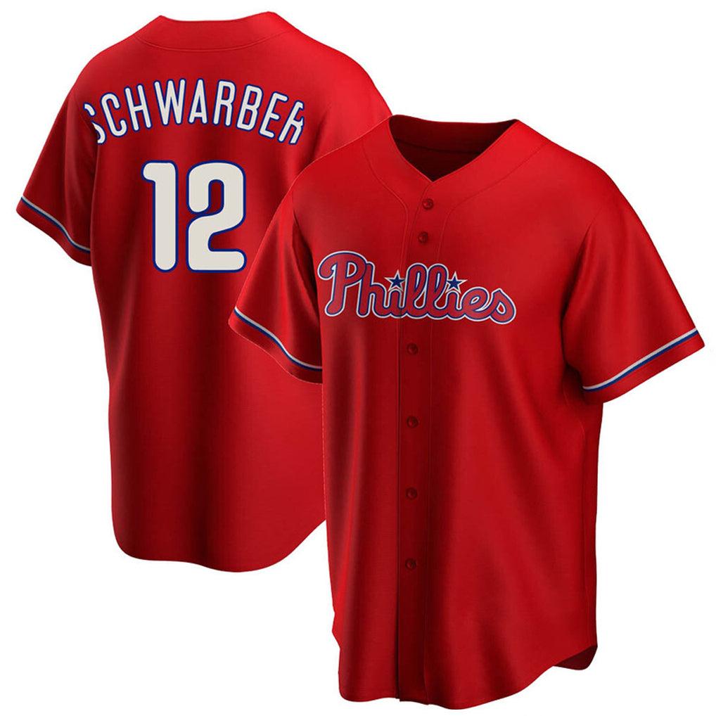 Rebec P.Phillies #12 Kyle Schwarber Player Red Home Game Stitched Jerseys