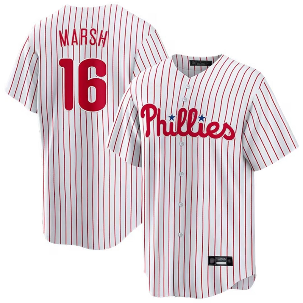 Rebec P.Phillies #16 Brandon Marsh Player White Home Game Stitched Jerseys
