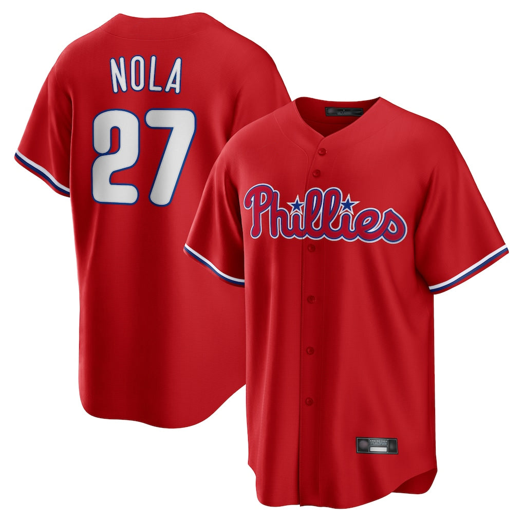 Rebec P.Phillies #27 Aaron Nola Player Red Home Game Stitched Jerseys