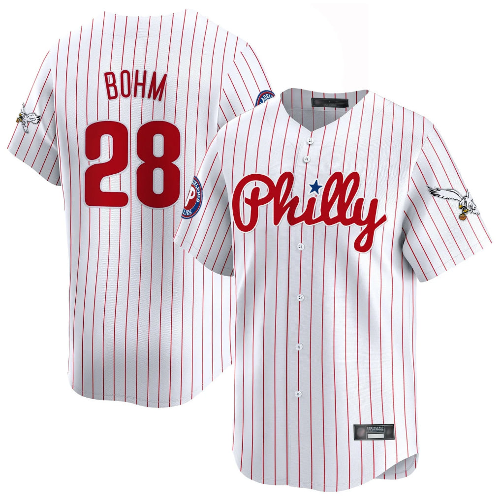 Rebec P.Phillies #28 Alec Bohm Player White Pinstripe Phillies & Eagles Vapor Premier Limited Stitched Jerseys