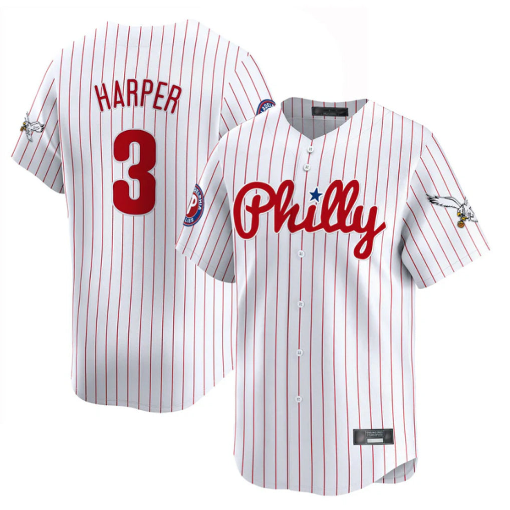 Rebec P.Phillies #3 Bryce Harper Player White Pinstripe Phillies & Eagles Vapor Premier Limited Stitched Jerseys
