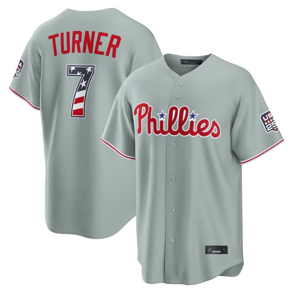 Rebec P.Phillies #7 Trea Turner Player Gray USA 250 Fourth of July Limited Home Game Stitched Jerseys