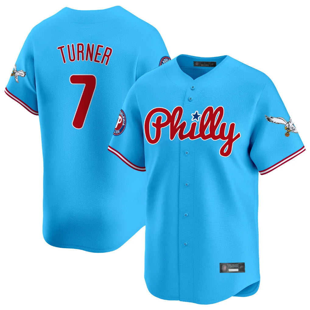 Rebec P.Phillies #7 Trea Turner Player Light Blue Phillies & Eagles Vapor Premier Limited Stitched Jerseys
