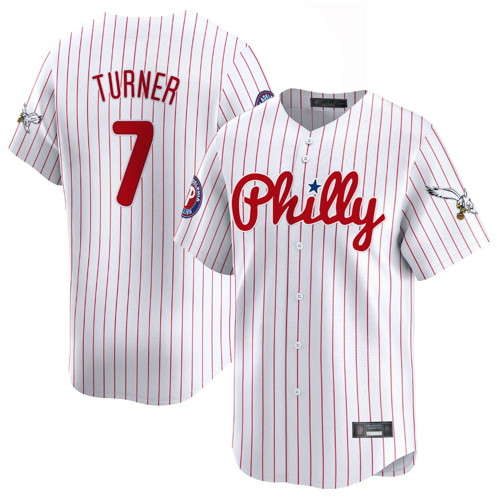 Rebec P.Phillies #7 Trea Turner Player White Pinstripe Phillies & Eagles Vapor Premier Limited Stitched Jerseys