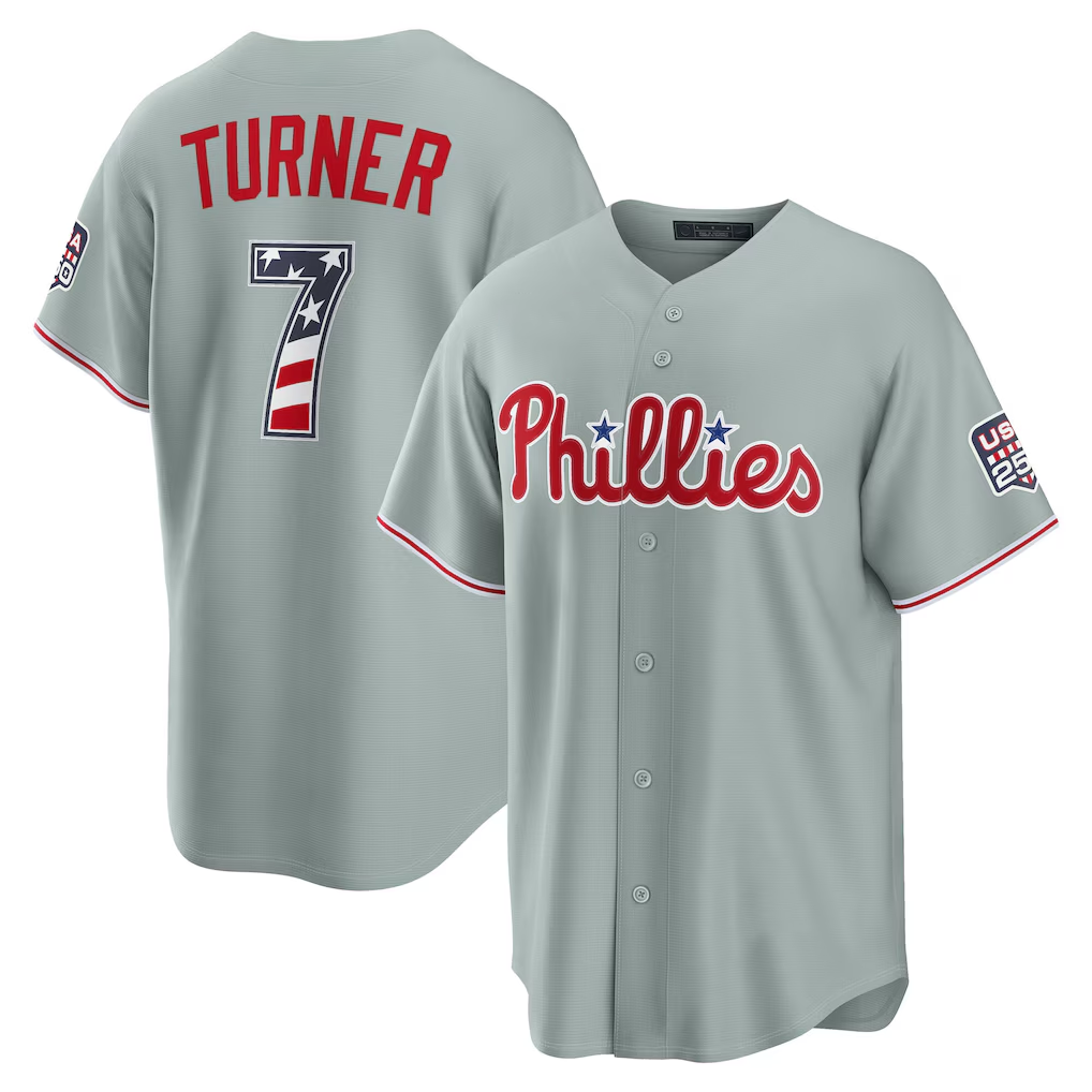 Rebec PH.Phillies #7 Trea Turner Gray USA 250 Fourth of July Road Stadium Jersey