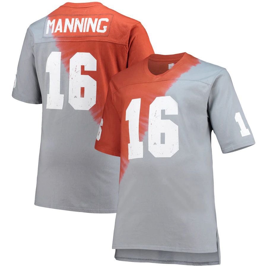Rebec T.Volunteers #16 Peyton Manning Mitchell & Ness Name & Number Tie-Dye V-Neck T-Shirt Gray Tennessee Orange Stitched American College Jerseys