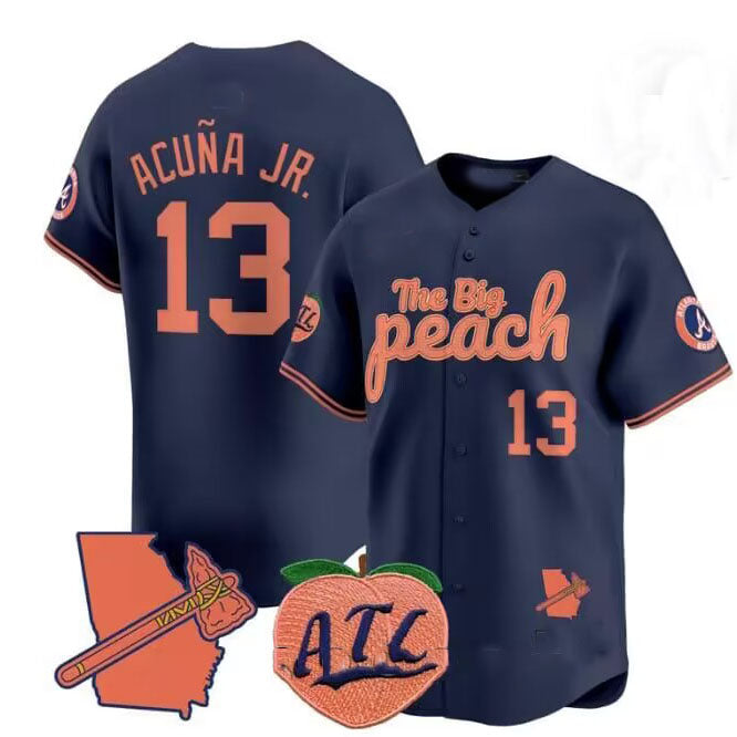 Rebec A.Braves #13 Ronald Acuna Jr. NavyThe Big Peach Vapor Stitches Personalized Jersey