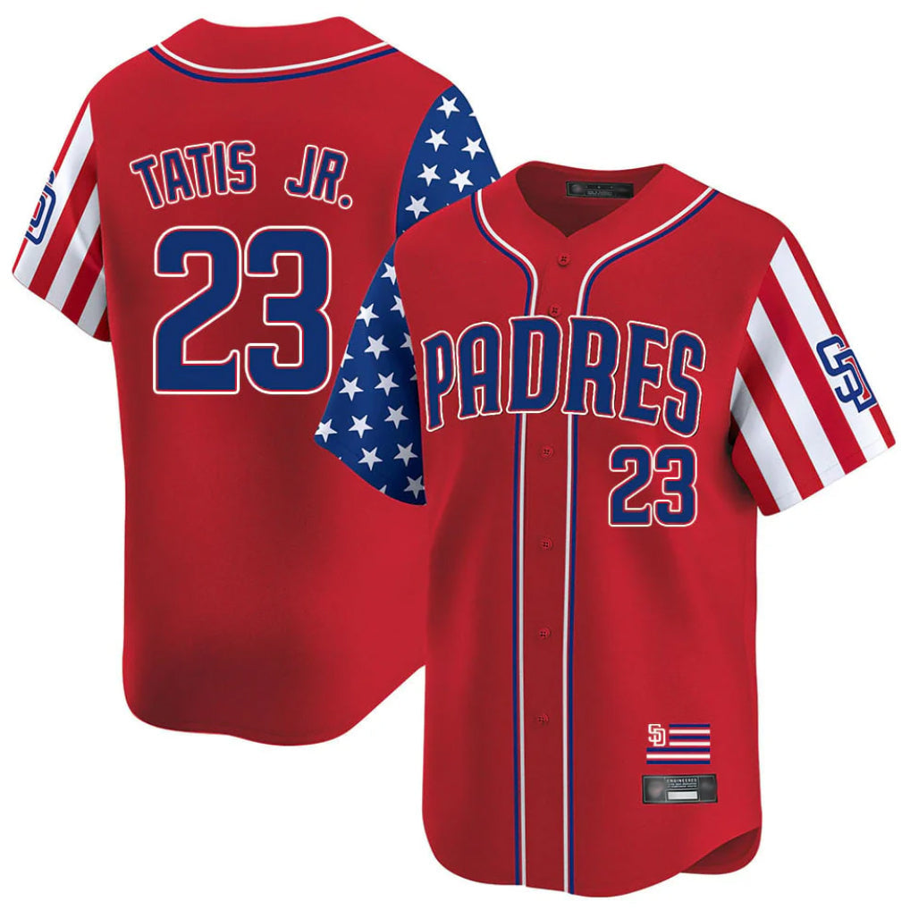 Rebec S.Diego Padres #23 Fernando Tatis Jr Player Red Independence Day Home Limited Stitched Jerseys